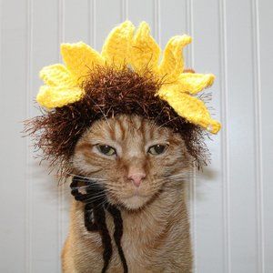 HAND CRAFTED Crocheted Hairy Wig Sunflower Cat Hat Costume Photo Prop